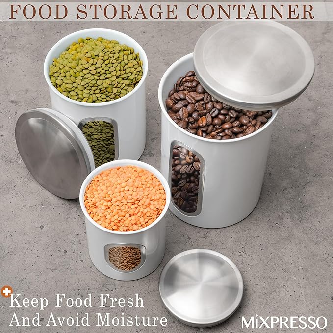 Mixpresso 3-Piece White Canisters Sets For The Kitchen, Airtight Canister Set With See Through Window, Storage Jars for Coffee Container, Tea Organizer & Sugar Canister, White Kitchen Canisters