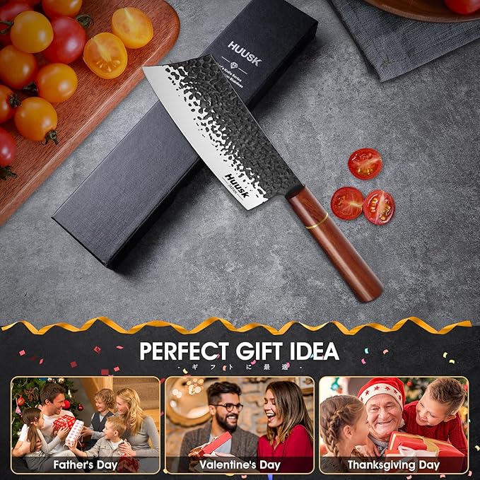 Huusk Japanese Cleaver Knife for Meat Cutting, 6.7 inch Hand Forged Chef Knife High Carbon Steel Sharp Kitchen Knife for Chopping Vegetable, Gift for Dad