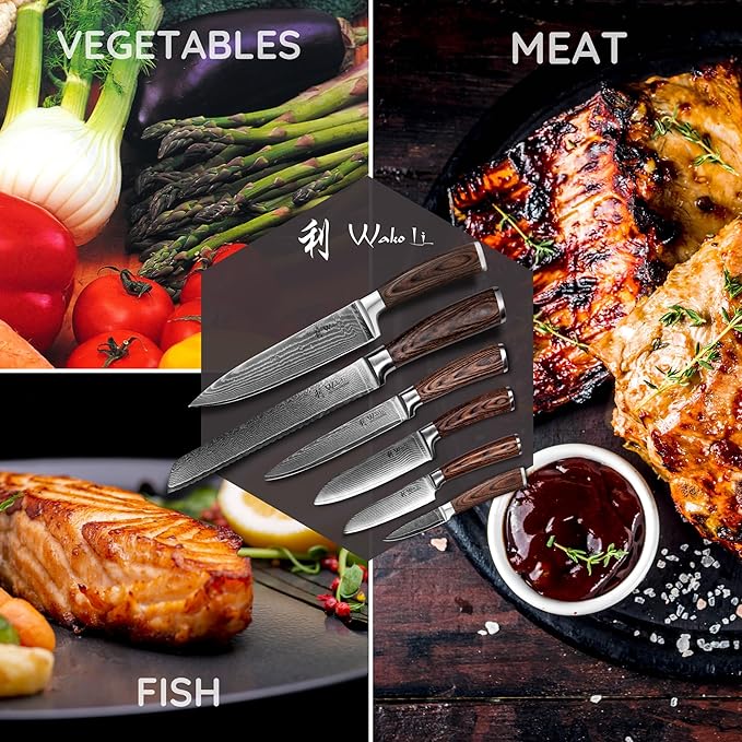 Wakoli EDIB 6-Piece Damascus Knife Set – Complete Japanese Style Kitchen Knives Collection | Genuine Damascus Steel Blades with VG10 Core | Ergonomic Pakkawood Handles | Professional Knife Gift Set