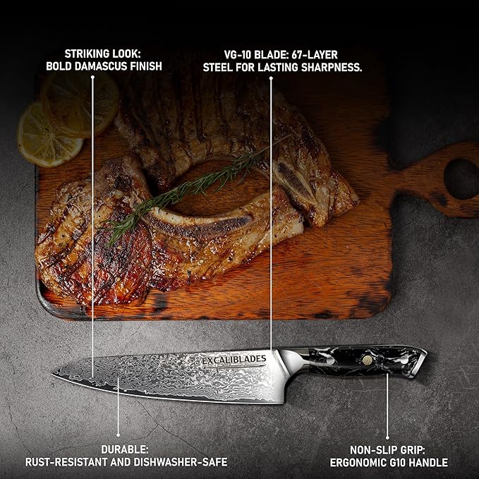 Chef Knife 8 Inch – VG-10 Damascus Stainless Steel, Razor Sharp, Full Tang, Ergonomic G10 Handle – Professional Kitchen Knife for Meat, Vegetables, Fruits – Durable, Balanced Cutlery Gift
