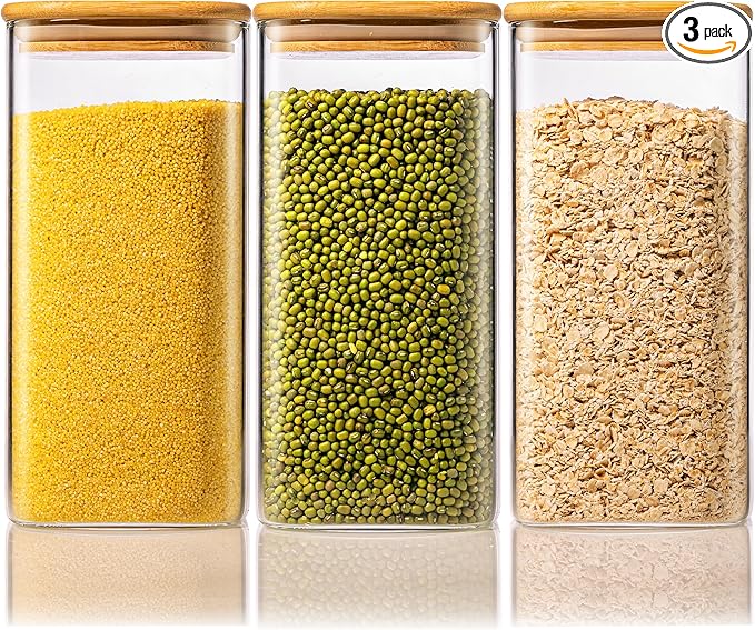 57oz - 3 Pack Square Glass Jars with Bamboo Lids, Glass Food Storage Containers with Airtight Lids for Kitchen, Air Tight Pantry Storage Containers for Cereal, Pasta, Rice, Sugar, Coffee, Spice