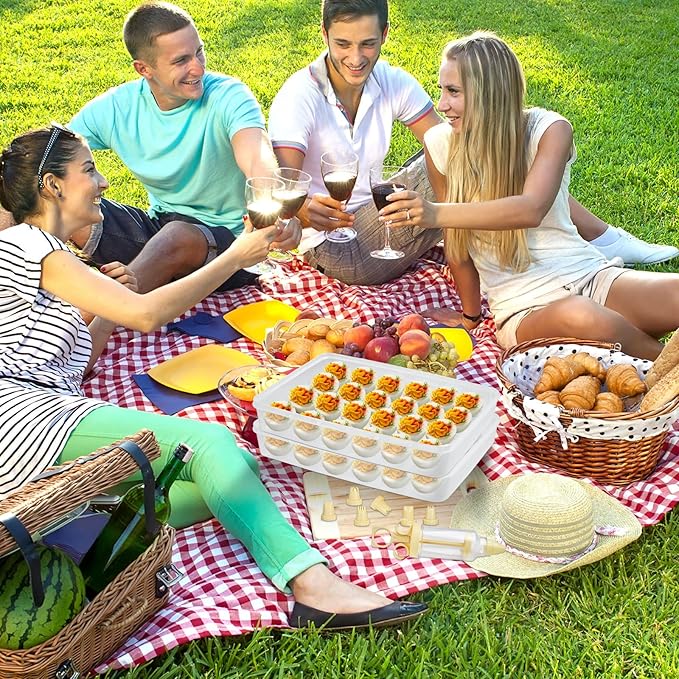 3 Pcs 72 Count Deviled Egg Containers with Lid, Portable Storage Carrier Egg Holder with Deviled Egg Injector, Stackable Deviled Egg Tray Plastic Egg Organizer for Fridge Easter Party