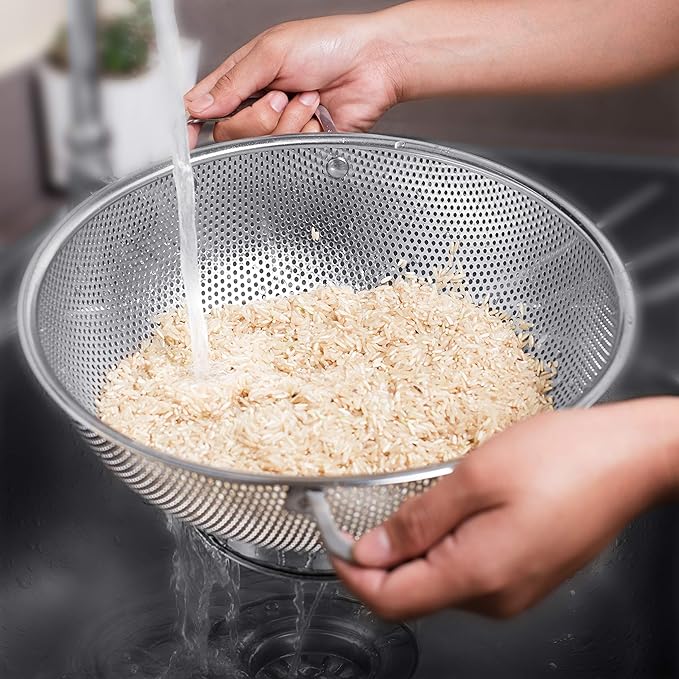 Stainless Steel Micro-Perforated 5-Quart Colander - Professional Strainer with Heavy Duty Handles and Self-draining Solid Ring Base - Dishwasher Safe