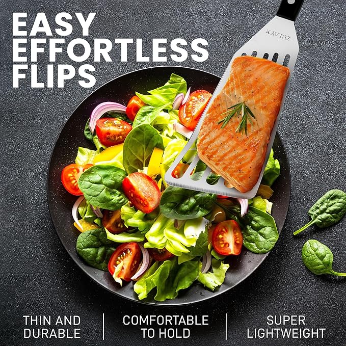 Zulay Kitchen Fish Spatula Stainless Steel - Spatulas for Non-Stick Cookware - Slotted Stainless Spatula - Easy to Clean Turner 12.4