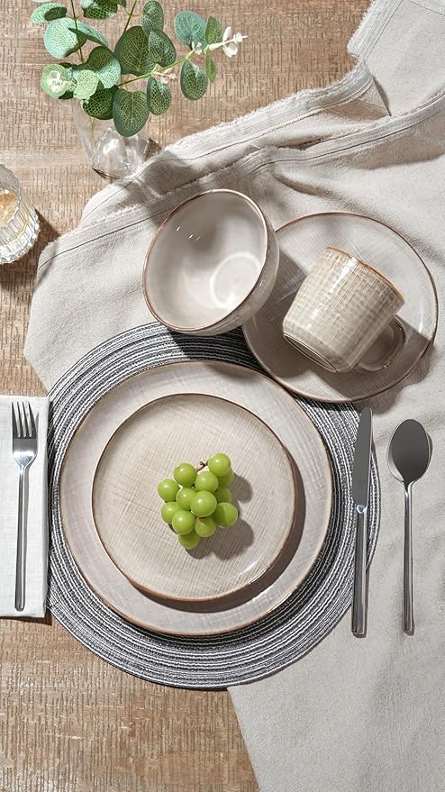 Famiware Moonlight Plates and Bowls Sets, 24 Pieces Stoneware Dinnerware Sets with Linen Finish, Dishware set for 8, Microwave and Dishwasher Safe, Chip and Scratch Resistant, Summer Sand
