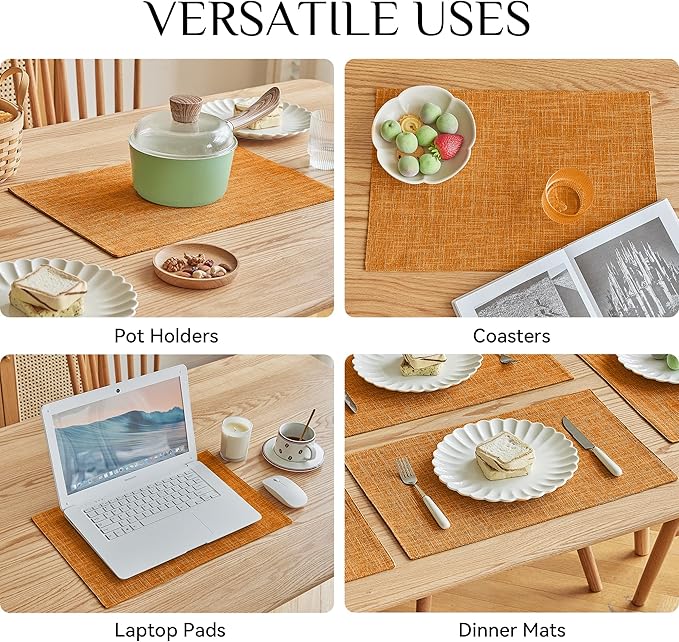 Softalker Faux Linen Placemats Set of 4-12 x 18 Inch, Heat Resistant Double Layered Durable Burlap Farmhouse Place Mats, Non-Slip Washable Rustic Table Mats for Dining, Kitchen, Party(Orange