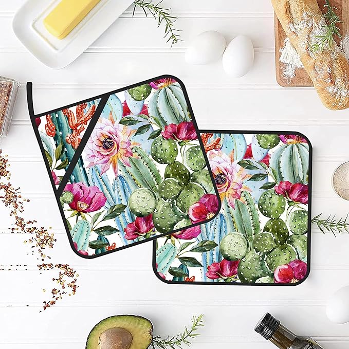 Watercolor Cactus Flower Pot Holders Set of 2: Heat Resistant, Waterproof, Stain-Resistant, Easy to Clean, Kitchen Decor