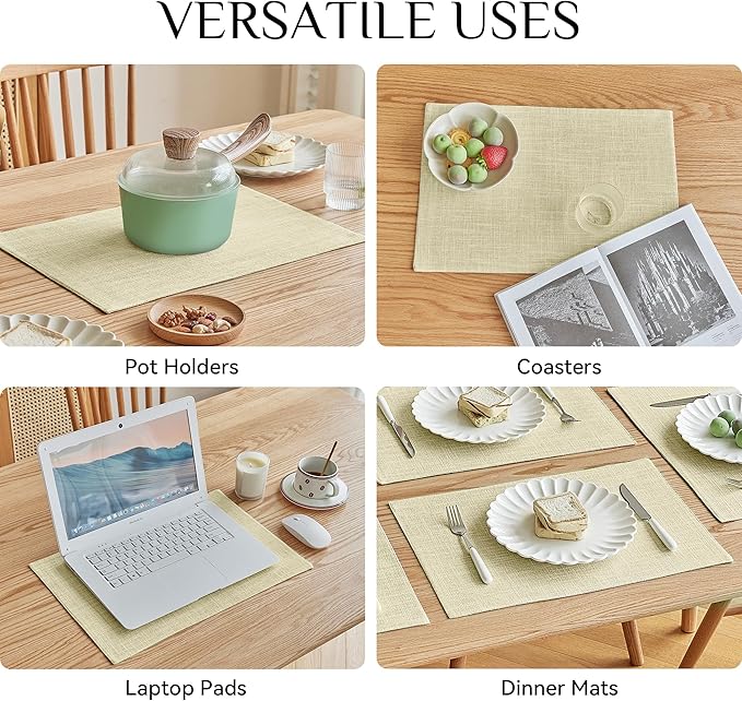 Softalker Faux Linen Placemats Set of 4-12 x 18 Inch, Heat Resistant Double Layered Durable Burlap Farmhouse Place Mats, Non-Slip Washable Rustic Table Mats for Dining, Kitchen, Party(Light Linen