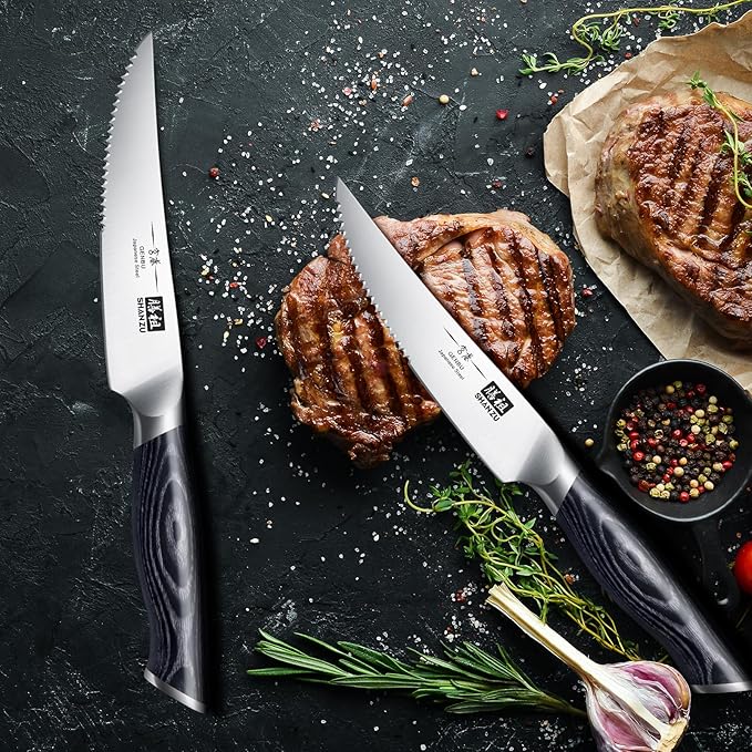 SHAN ZU 6 Pc Steak Knife Set, 4.5 Inch High Carbon Japanese Super Steel Steak Knives, Ultra Sharp Kitchen Steak Knife with K133 Ergonomic Handle, Black Tortoise Genbu Series
