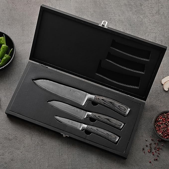 Wakoli EDIS Damascus 3-Piece Knife Set – Japanese Style Kitchen Knives | Genuine Damascus Steel Blades with VG10 Core | Ergonomic Pakkawood Handles | Professional Chef Knife Set in Wooden Gift Box