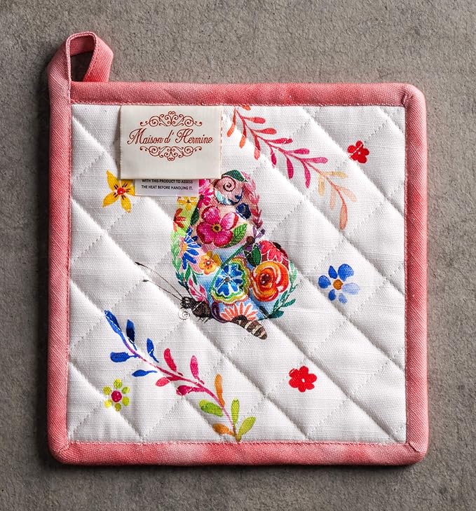 Maison d' Hermine Pot Holders Set 100% Cotton Heat Resistant Potholders 8" x 8" Hot Pads with Loop Cooking, Grilling, Kitchen, Handling Hot Pans Spring/Summer (Pack of 2, Happy Florals - High Summer)