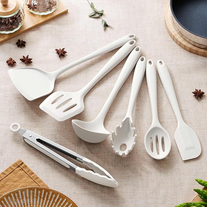 Herogo Silicone Cooking Utensils Set, 7-Piece Kitchen Utensils Set, Heat Resistant Cooking Gadget Tools Slotted Turner, Spoon, Soup Ladle, Pasta Server, Spatula, Tongs for Nonstick Cookware, White