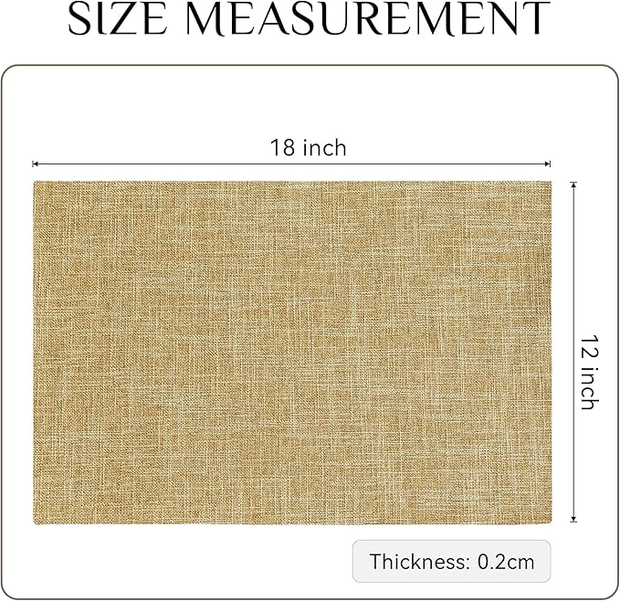 Softalker Faux Linen Placemats Set of 8-12 x 18 Inch, Heat Resistant Double Layered Durable Burlap Farmhouse Place Mats, Non-Slip Washable Rustic Table Mats for Dining, Kitchen, Party(Khaki