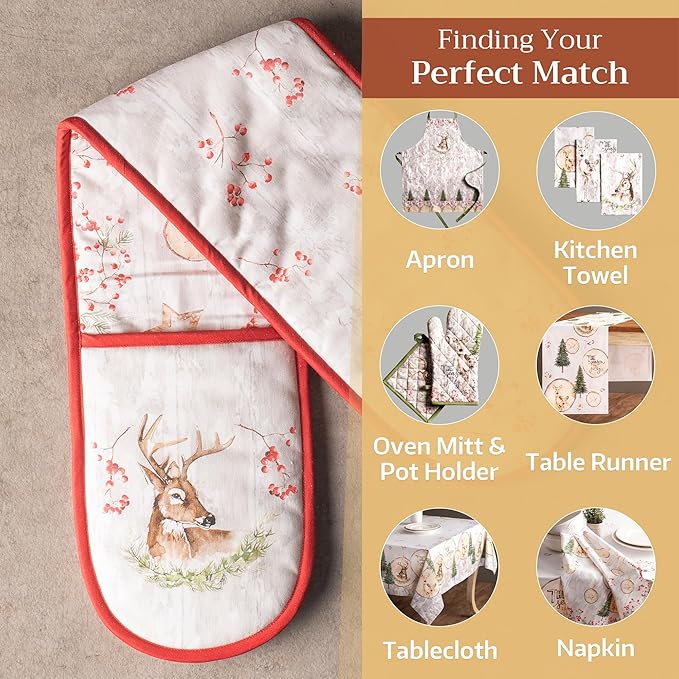 Maison d' Hermine Double Oven Mitt 100% Cotton Heat Resistant Cooking Gloves with Loop, Baking Barbeque, Handling Hot Pan, Mountain Life- Thanksgiving/Christmas (7 Inch x 35 Inch)