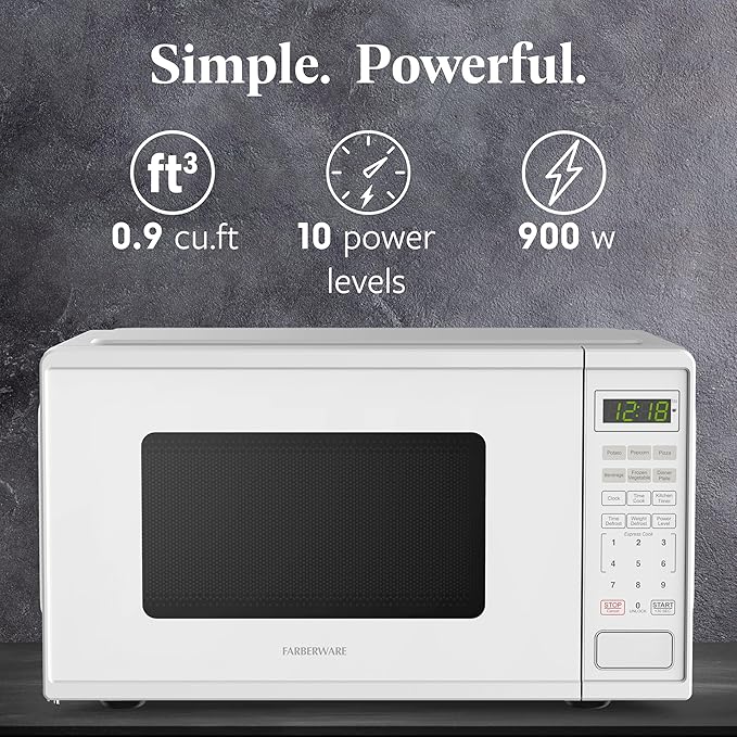 Farberware 0.9 Cu. Ft. 900-Watt Oven Auto, Defrost, & Express Cooking – Compact Countertop Microwave with Digital Display & Safety Lock, White