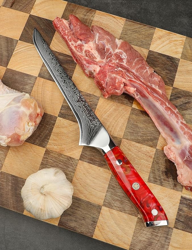 7 inch Fillet Knife, VG10 Damascus Steel Fish Boning Knife with Resin Handle - Xuan Series (Sunset Red)