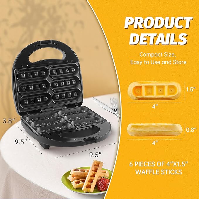 Waffle Stick Maker, Mini Waffle Maker Iron, Makes 6 Waffle Sticks, Ideal for Breakfast, Snacks, Desserts and More
