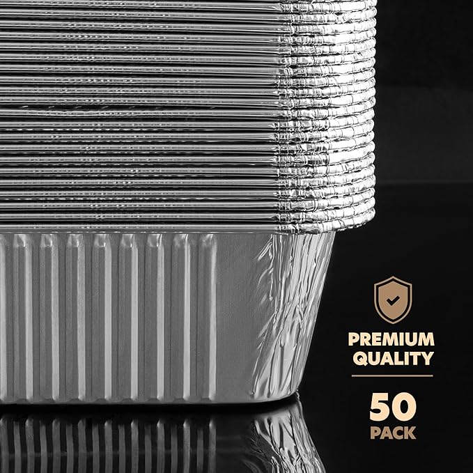 PLASTICPRO 50 Pack Aluminum Pans 8'' X 10" Disposable Pans with Covers Heavy Duty 5 lb Foil Pans for Baking and Cooking