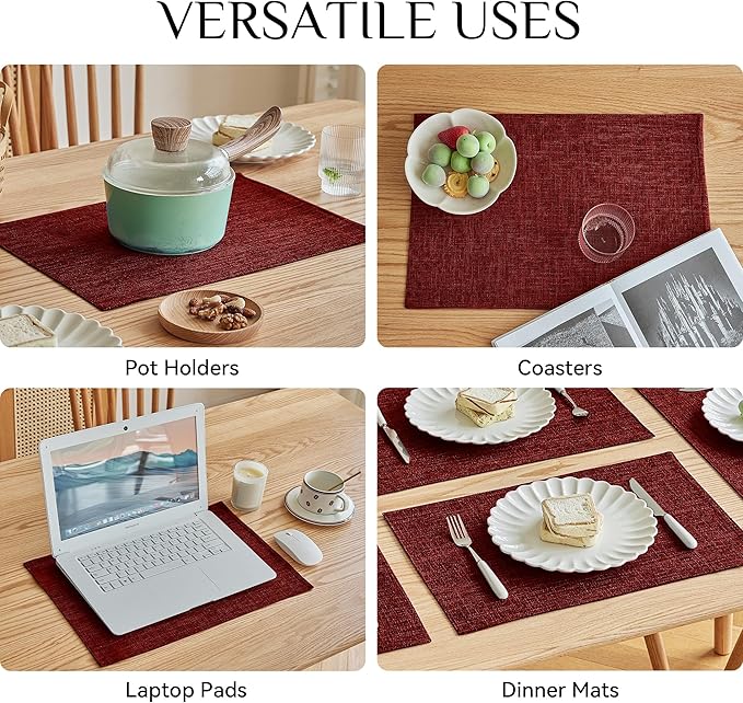 Softalker Faux Linen Placemats Set of 4-12 x 18 Inch, Heat Resistant Double Layered Durable Burlap Farmhouse Place Mats, Non-Slip Washable Rustic Table Mats for Dining, Kitchen, Party(Red