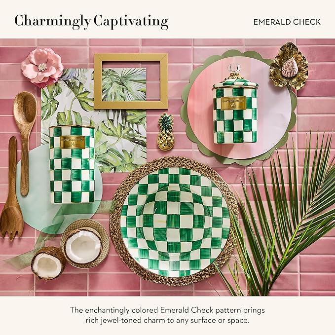MACKENZIE-CHILDS Medium Enamel Canister, Kitchen Storage Container with Lid, Green-and-White Emerald Check