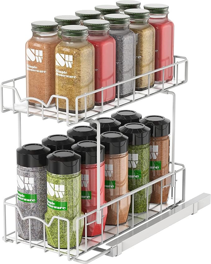 Simple Houseware 2-Tier Spice Rack Slide Out Wire Basket Drawer Organizer, White