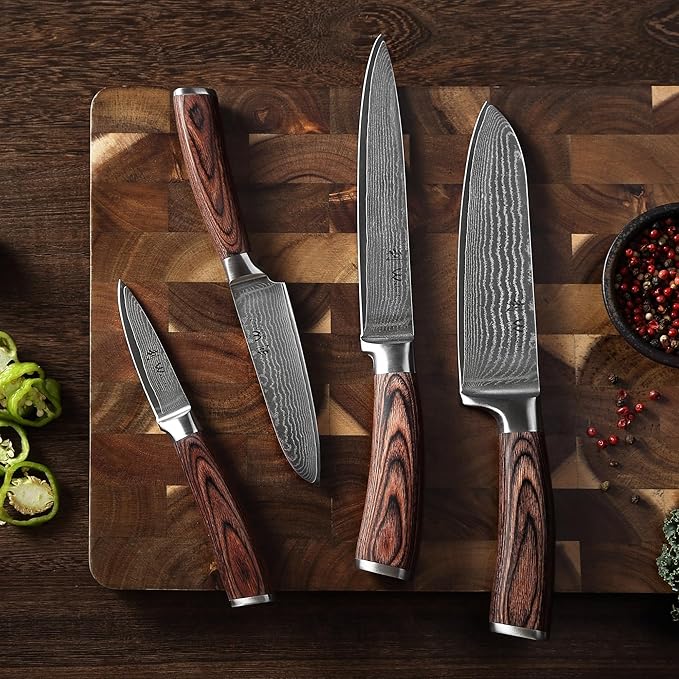 Wakoli EDIB 4-Piece Damascus Knife Set – Professional Japanese Style Kitchen Knives | Genuine Damascus Steel Blades with VG10 Core | Ergonomic Pakkawood Handles | Premium Chef Knife Gift Set