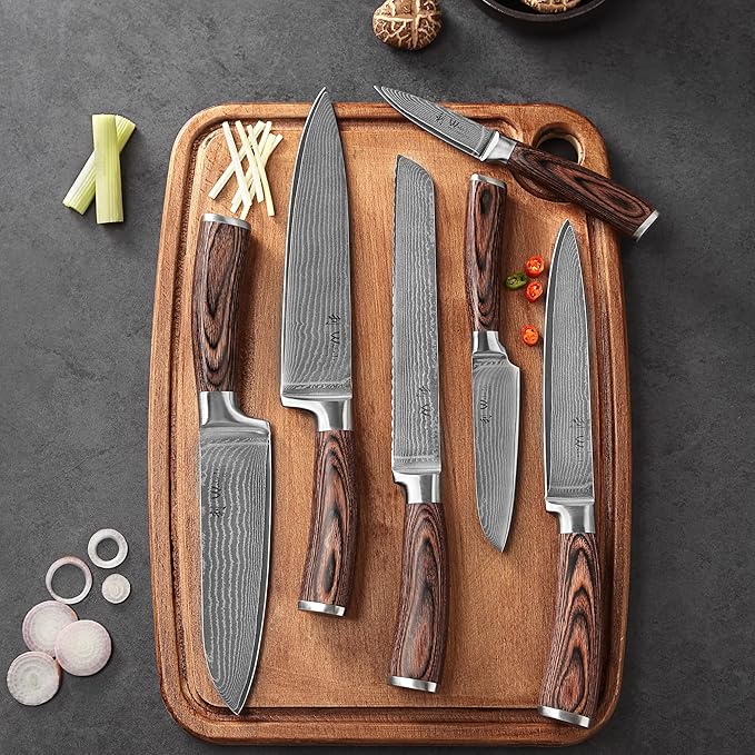 Wakoli EDIB 6-Piece Damascus Knife Set – Complete Japanese Style Kitchen Knives Collection | Genuine Damascus Steel Blades with VG10 Core | Ergonomic Pakkawood Handles | Professional Knife Gift Set