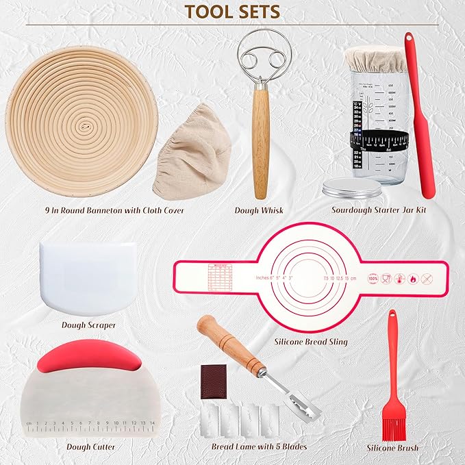 Complete Sourdough Starter Kit, Banneton Bread Proofing Basket with Glass Sourdough Starter Jar, Sourdough Bread Baking Supplies, 9'' Round Bread Proofing Basket, Sourdough Starter for Bread Making Baking Fermentation