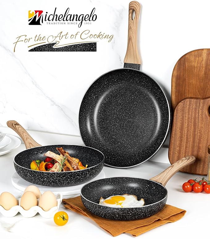 MICHELANGELO Non Stick Frying Pans - 8"+9.5"+11" Nonstick Frying Pan Set with Non-Toxic Stone Coating, Frying Pans Nonstick with Anti-Scald Handle, Induction Compatible