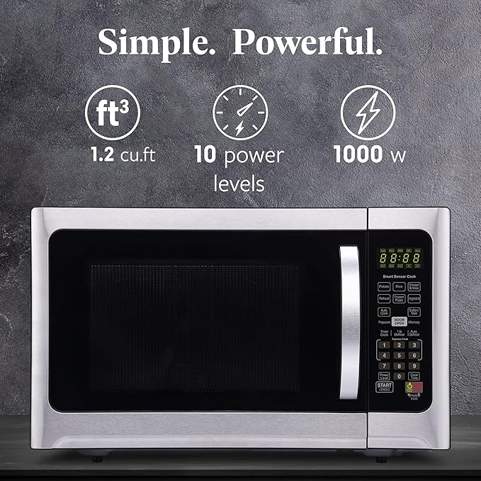 Farberware Countertop 1000 Watts 1.2 cu ft-Smart Sensor Microwave Oven with LED Lighting and Child Lock-Perfect for Apartments and Dorms-Easy Clean Black Interior, Stainless Steel