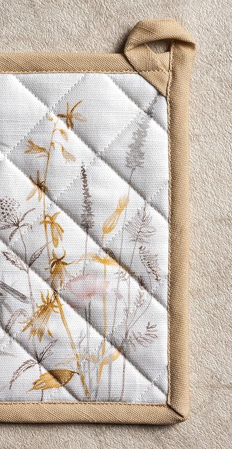 Maison d' Hermine 100% Cotton Oven Mitt & Pot Holder Set (7.5"x13" & 8"x8") Heat Resistant BBQ Cooking Gloves with Loop, Grilling, Kitchen, Handling Hot Pans Spring/Summer (Meadow Florals - Beige)