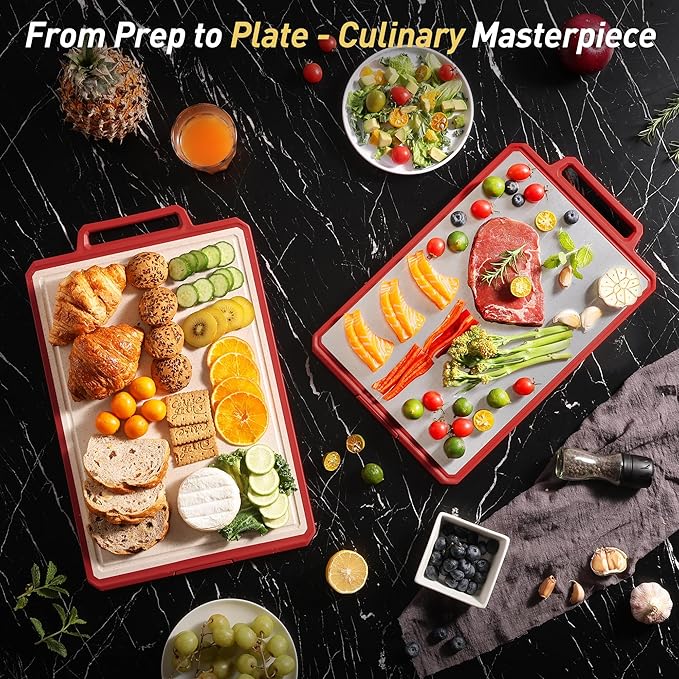 Titanium Cutting Boards for Kitchen Chopping Board with Handle Large Big Small Kitchen Meat Butcher Block 2 in 1 Pure Titanium and Wheat Straw PP Not Wood Bamboo Plastic Silicone Teak Red/Beige