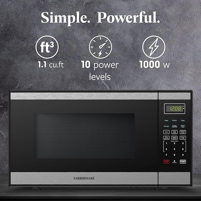 Farberware 1.1 Cu. Ft. Countertop Microwave Oven – 1000W Power, Auto Cook Settings, Defrost, and Safety Lock Stainless Steel, Black Stainless