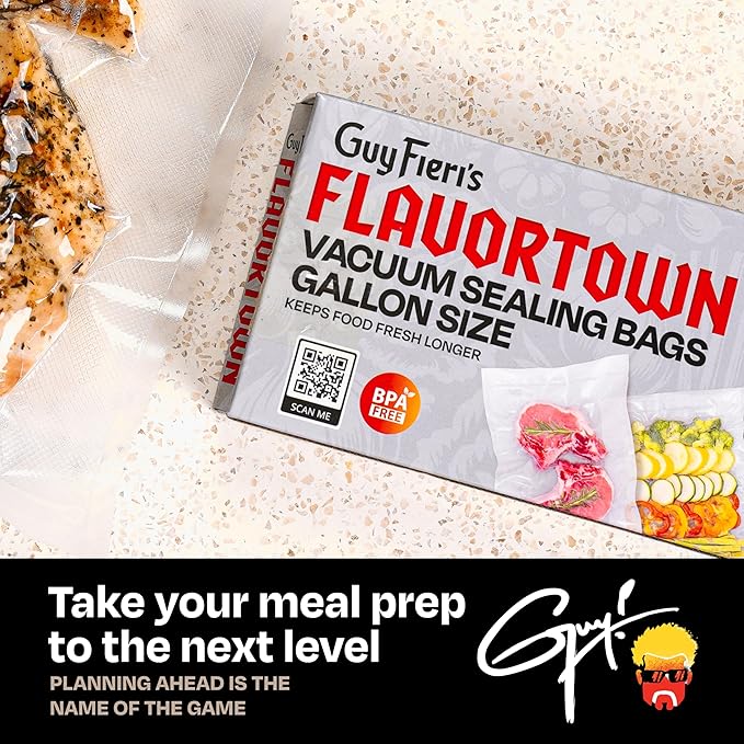 Guy Fieri's Flavortown 11" x 14" Gallon-Size Vacuum Seal Bag - 24-Count BPA-Free Freezer Bags for Food Storage, Lock in Flavor & Freshness, Puncture-Resistant Kitchen Bags for Vacuum Sealing