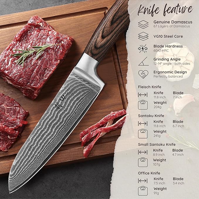 Wakoli EDIB 4-Piece Damascus Knife Set – Professional Japanese Style Kitchen Knives | Genuine Damascus Steel Blades with VG10 Core | Ergonomic Pakkawood Handles | Premium Chef Knife Gift Set