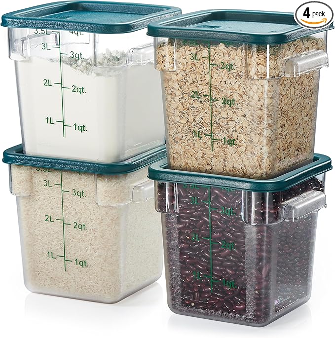 CURTA 4 Pack Food Storage Container with Green Lid - NSF Commercial Grade in 4.0 Qt - Square, Clear, Polycarbonate