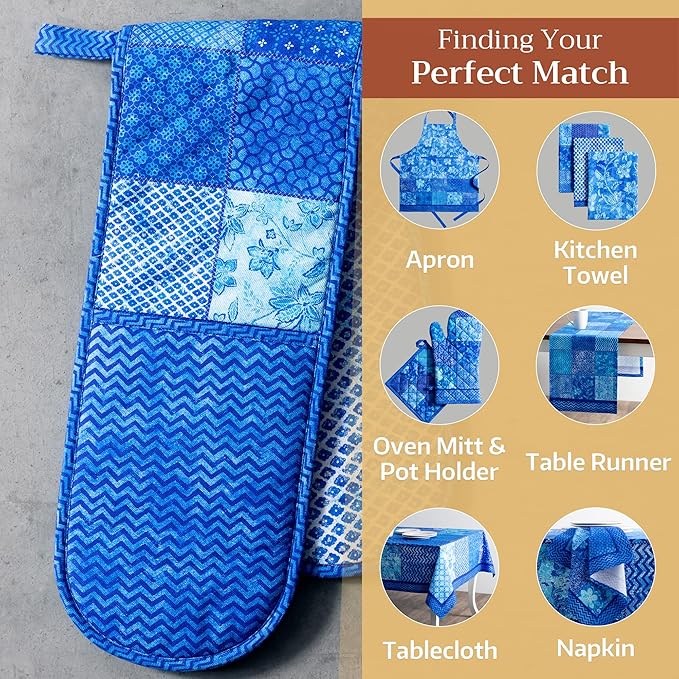 Maison d' Hermine Double Oven Mitts 100% Cotton 7"x35" Double Oven Mitt Heat Resistant BBQ Cooking Gloves with Loop, Baking, Grilling, Home, Kitchen, Handling Hot Pans Spring Summer (Indigo Love)