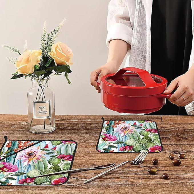 Watercolor Cactus Flower Pot Holders Set of 2: Heat Resistant, Waterproof, Stain-Resistant, Easy to Clean, Kitchen Decor