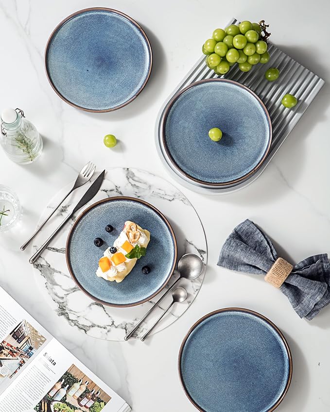 UNICASA Ceramic Dessert Plates - Dinner Salad Plates Set of 4, 8.25 Inch Round Serving Dishes Set for Pasta - Stoneware Dinnerware Set Kitchen, Dishwasher, Microwave & Oven Safe (Blue)