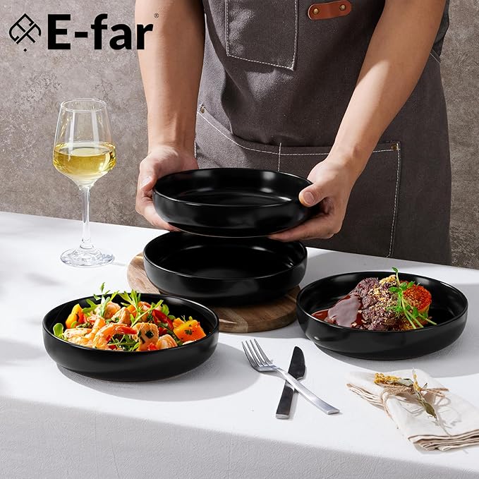 E-far Pasta Bowls Set of 4-35oz Ceramic Large Serving Salad Bowls, Wide & Shallow Stoneware Pasta Plates for Salad, Soup, Dinner| Dishwasher & Microwave Safe | Matte Black