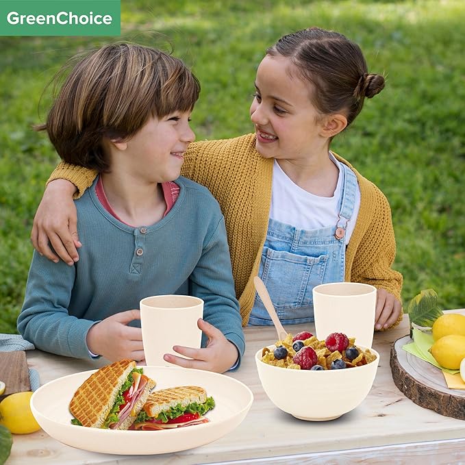 Wheat Straw Dinnerware Sets for 4 - GreenChoice Lightweight & Unbreakable Dishes Microwave & Dishwasher Safe Perfect for Camping, Picnic, RV, Dorm Plates, Cups and Bowls (Beige)