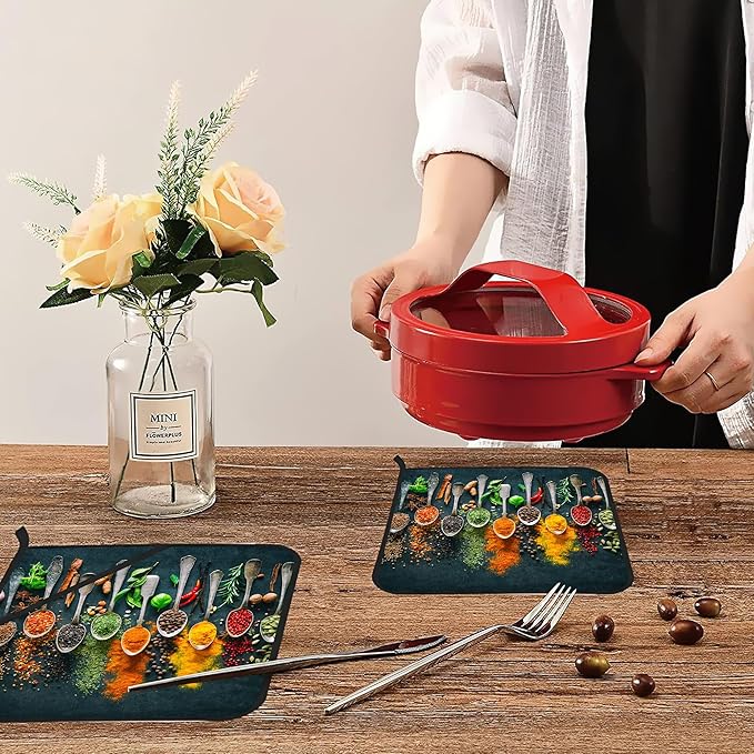 Colourful Various Herbs Pot Holders Set of 2 Heat Resistant & Non Slip Potholders, Spices for Cooking Oven Hot Pads for Kitchen Cooking Baking Barbecue