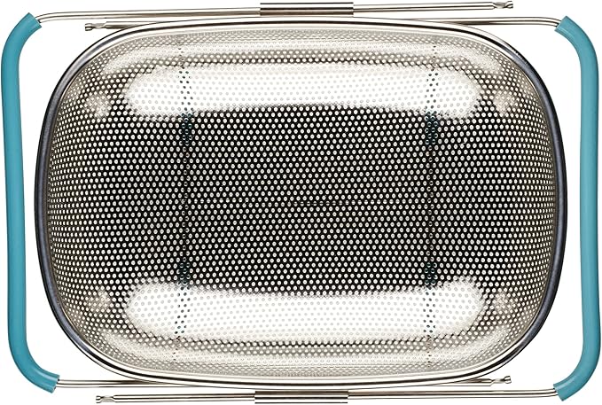 Rachael Ray Tools and Gadgets Over-The-Sink Colander/Strainer, 4.5 Quart, Stainless Steel with Agave Blue Handles