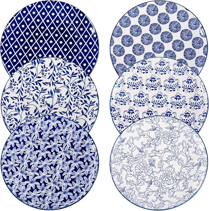 Sweejar 10.5 Inch Ceramic Dinner Plates Set, Large Porcelain Dessert Plates, Microwave & Dishwasher Safe Party Plates for Salad, Pasta, Meat Steak, Set of 6(Vintage Blue)