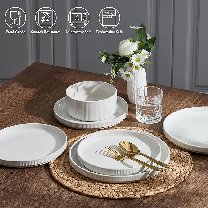 E-far Stoneware Dinnerware Sets, 18-Pieces Modern Plates and Bowls Sets, Kitchen Dinning Porcelain Dishes Set for 6, Chip & Scratch Resistant, Dishwasher & Microwave Safe, Speckled White