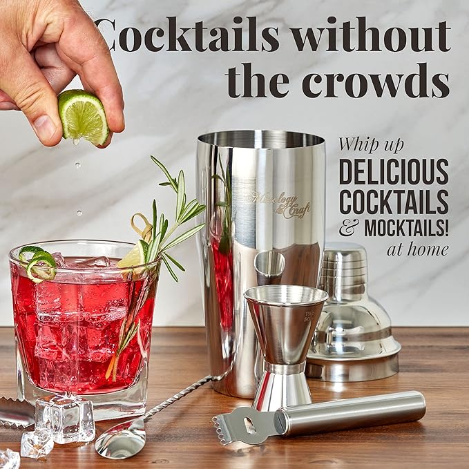 Mixology & Craft Bartender Kit – 15-Piece Cocktail Shaker Set with Bar Tools, Premium Stainless Steel Drink Mixer Accessories for Home Bar, Includes Bamboo Stand, Plus Exclusive Recipe Cards (Black)