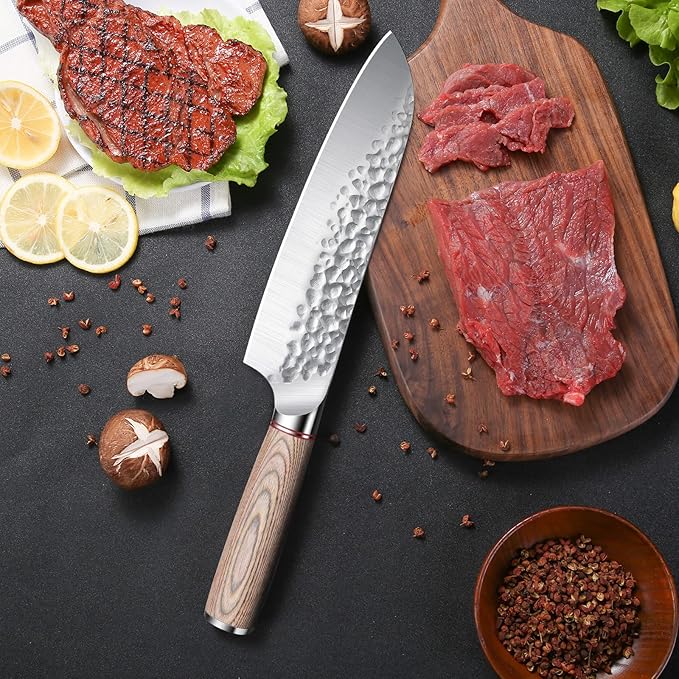 Huusk Japan Knife 7-Inch Santoku Chef Knife Professional Hand Forged High Carbon Steel Kitchen Knives, Japanese Santoku Knives for Meat Vegetables - Wood Handle, Father's Day Christmas Gift Men Women