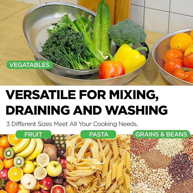 Premium 18/8 304 Stainless Steel Large Colander Set of 3, Comfortable Micro-Perforated Shallow Strainers, 5.5-7-10 Quart Tray Set, Self-Draining Solid Base for Pasta, Fruits, Vegetables