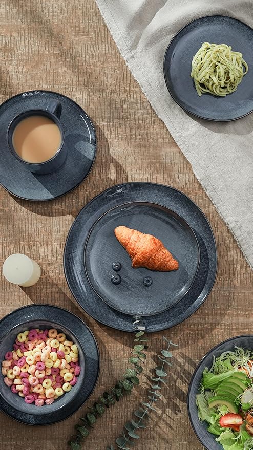 Famiware Moonlight Plates and Bowls Sets, 12 Pieces Stoneware Dinnerware Sets with Linen Finish, Handmade Dishware Set for 4, Microwave and Dishwasher Safe, Chip and Scratch Resistant, Dark Blue