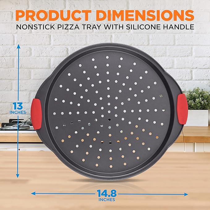 NutriChef Non-Stick Pizza Tray with Silicone Handles, 4-Pack Round Steel Non-Stick Pans with Perforated Holes, Premium Bakeware, Pizza Trays with Silicone and Oversized Handles, Dishwasher Safe
